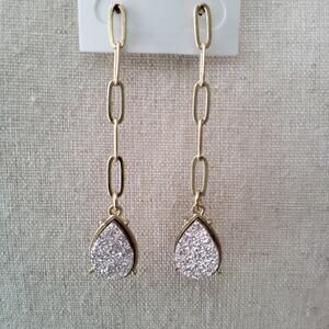 Faux Druzy Long Dangle Teardrop Gold Tone Chain Detail Earrings